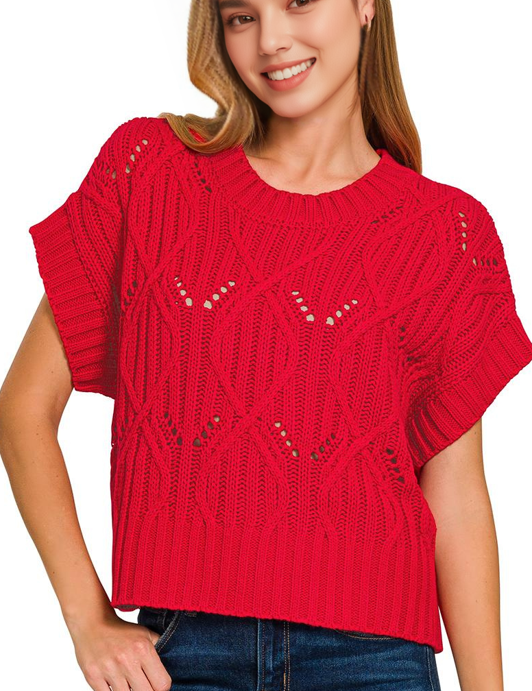 ,,,.0722 Cable Knit Short Sleeve Sweater SI-28167: DEEP CAMEL-184427 / M