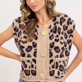 LEOPARD PRINT KNIT BUTTON-UP SWEATER TOP: TAUPE / Contemporary / L