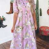 Floral Print Short Puff Sleeve High Waist Tiered Maxi Dress: Pink / M