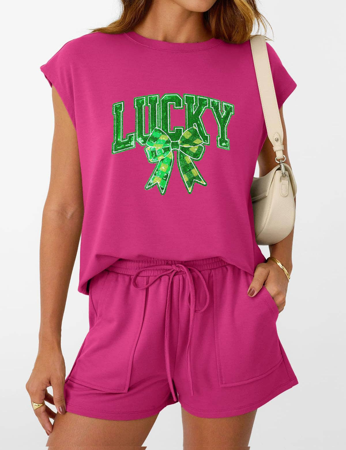 St Patricks Day Lucky Sequin Bow Two Piece Set: Black / 65%Polyester  30%Viscose   5%Elastane / M