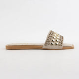 CHRISSY ROUND STUD EMBELLISHED SQUARE TOE SLIP ON SANDAL: White / A12