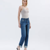 HIGH RISE DARK WASH CUFFED STRAIGHT JEANS T6666: NICO / 24