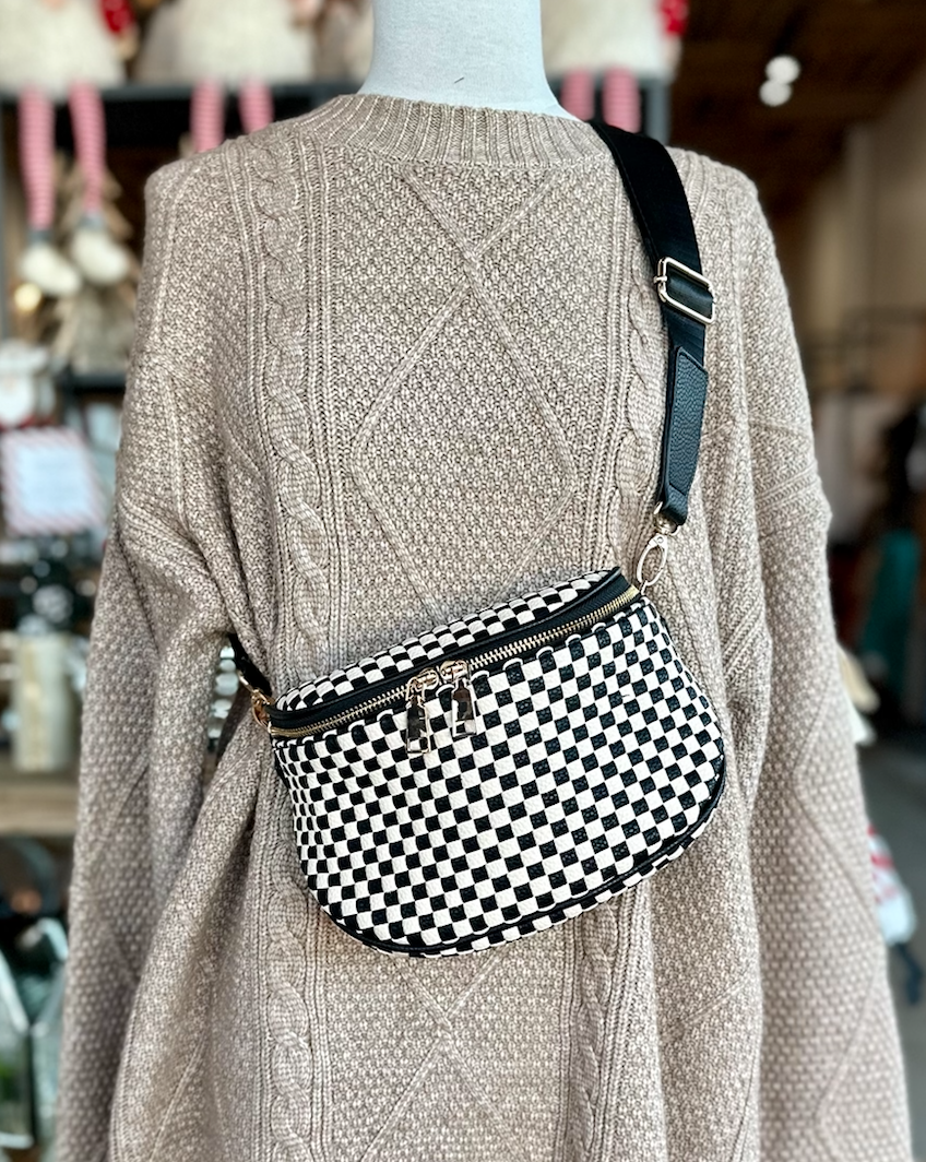 Birdie Saddle Checkered Crossbody Bag: Navy Checkered