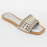 CHRISSY ROUND STUD EMBELLISHED SQUARE TOE SLIP ON SANDAL: White / A12