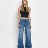 HIGH RISE DOUBLE CUFFED BAGGY WIDE JEANS V3589: ENVIABLY / 30