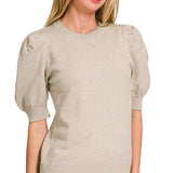 ,,..SI-25003 Viscose Puff Short Sleeve Sweater: H BEIGE-170996 / L
