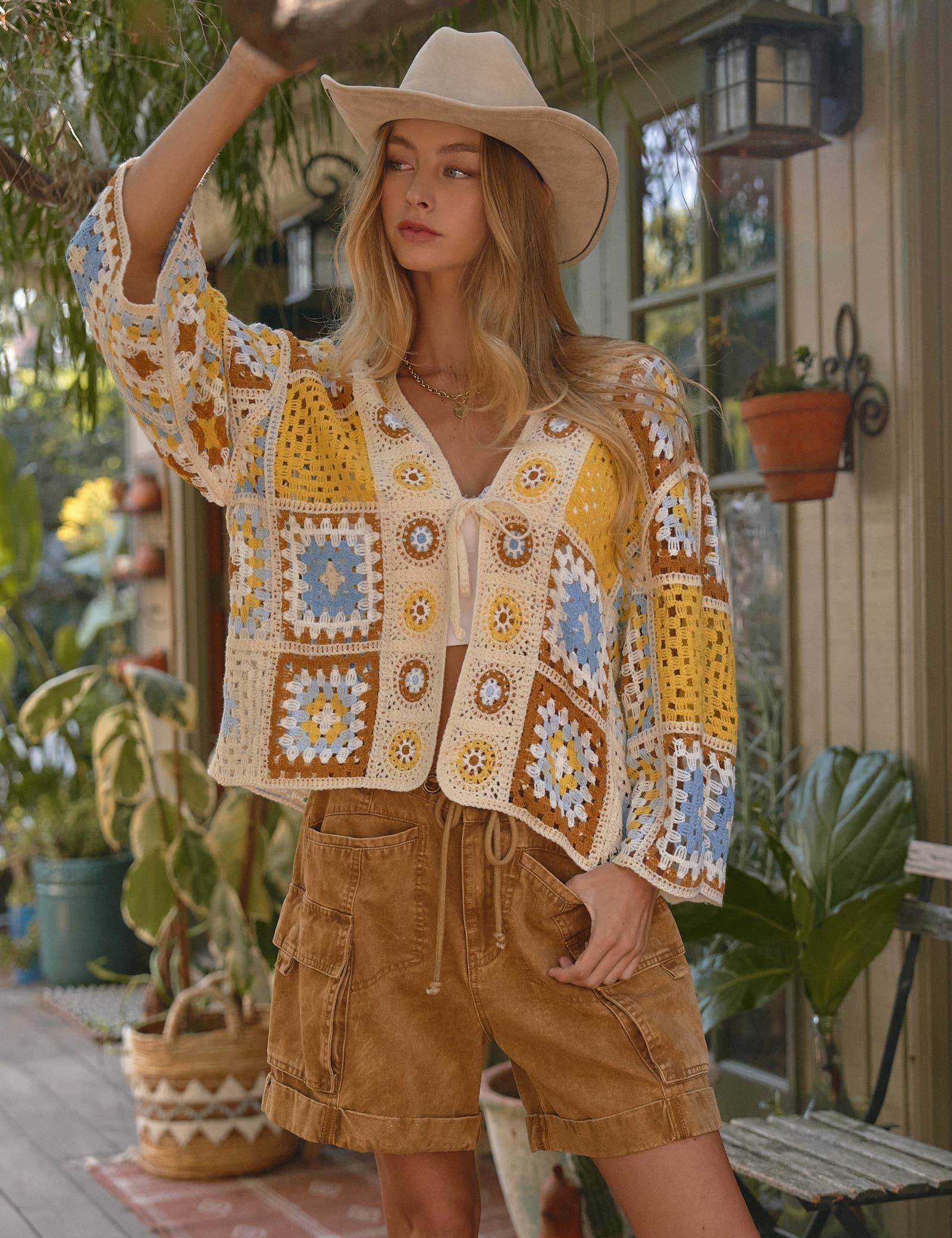 Granny Square Crochet Tie-Front Cardigan