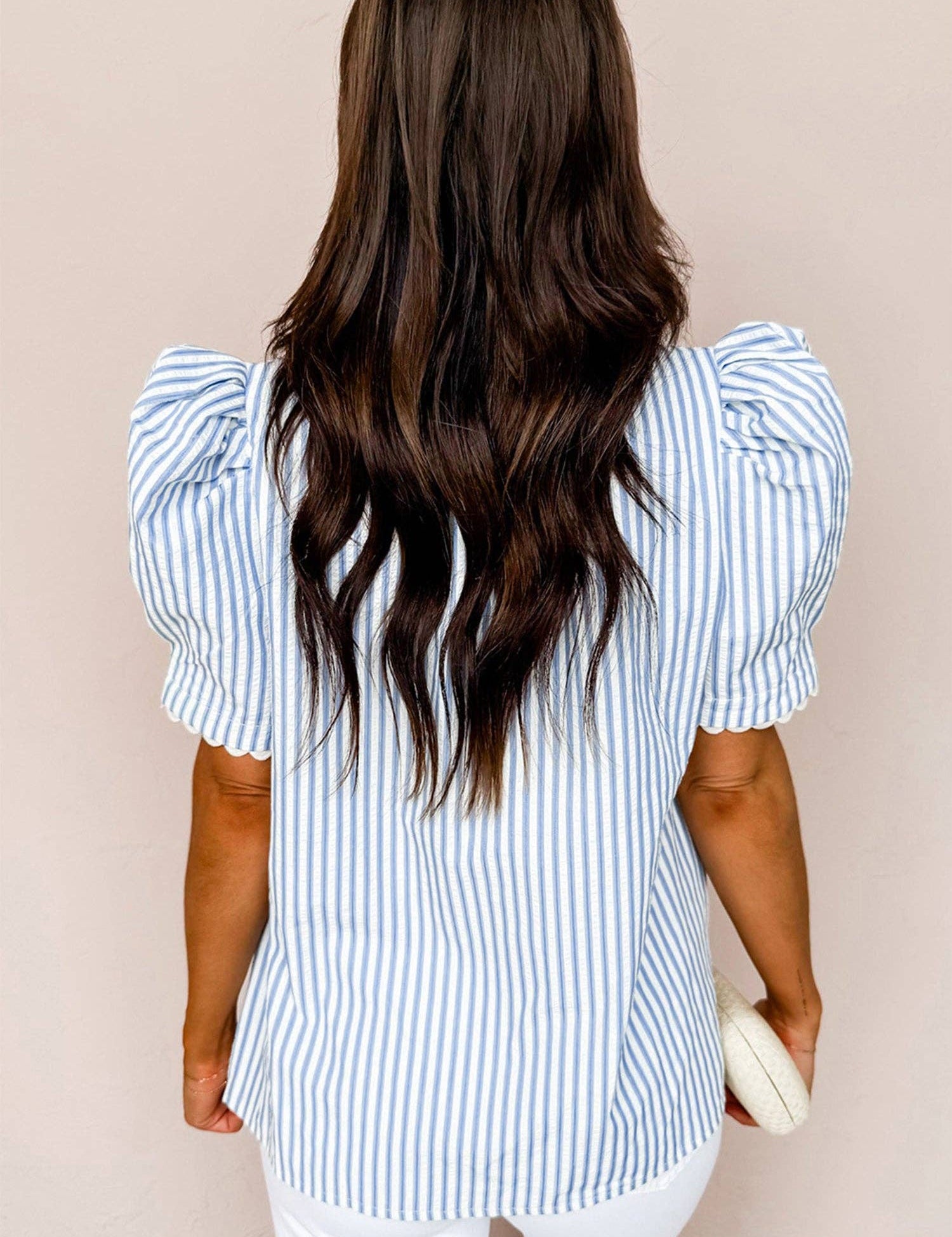 Sky Blue Stripe Short Puff Sleeve Leopard  Blouse: Brown S
