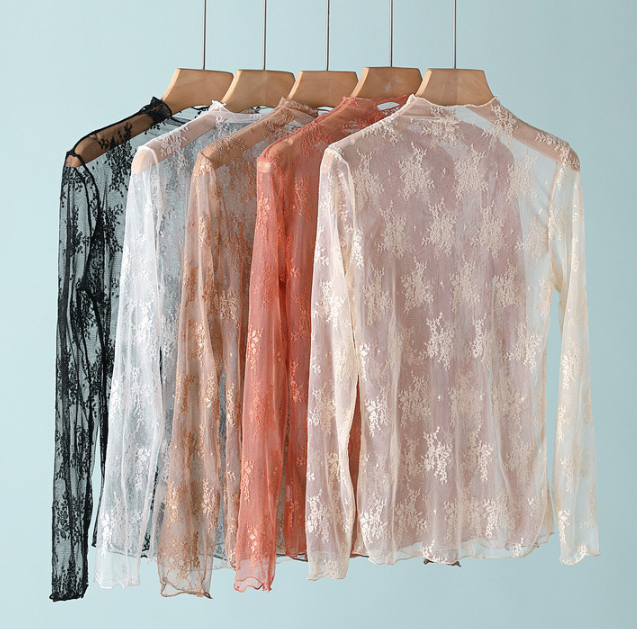 Semi Sheer Mesh Floral Lace Layering Top: Black / L