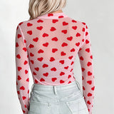Valentines Heart Printed Sheer Mesh Long Sleeve Top: Black / S