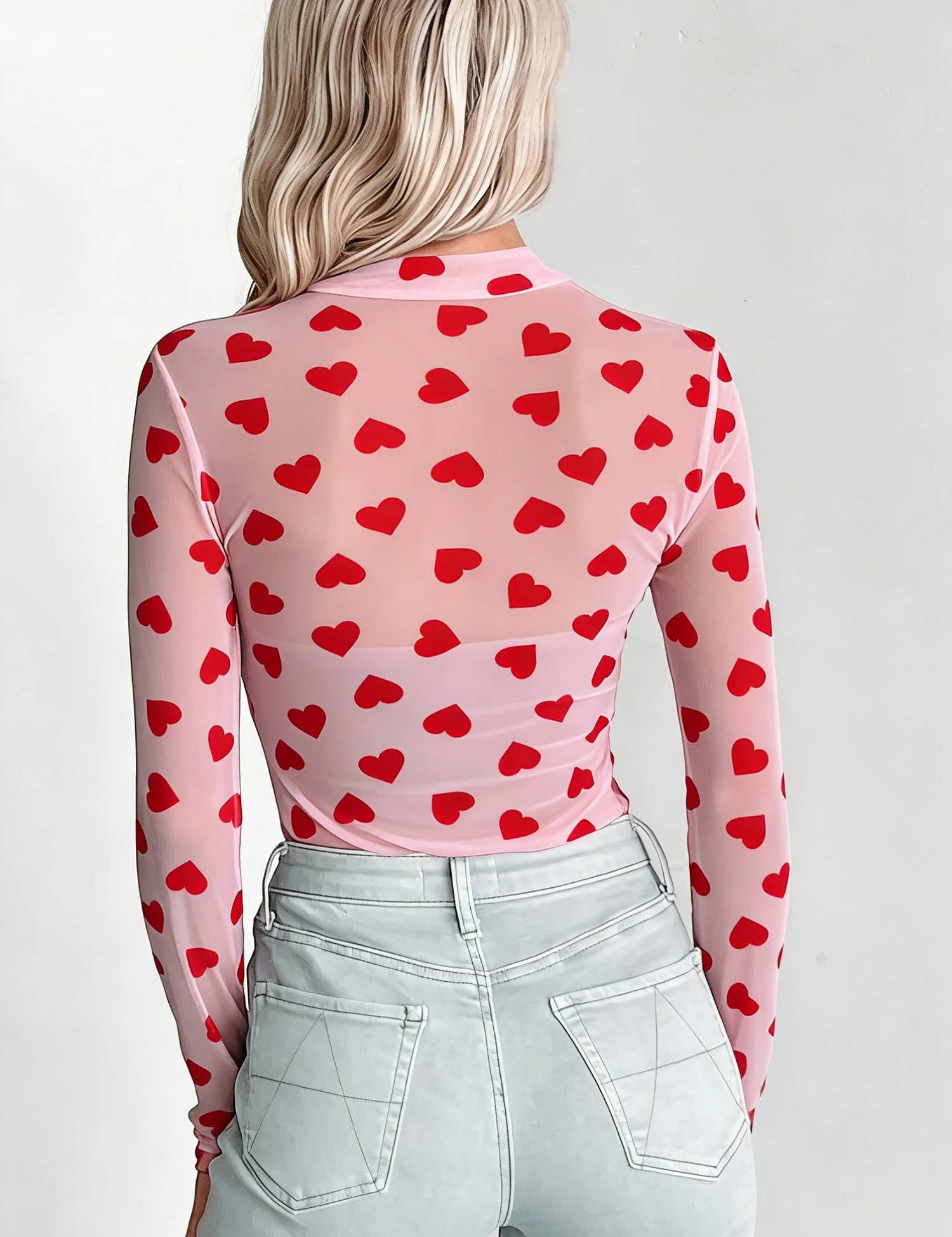 Valentines Heart Printed Sheer Mesh Long Sleeve Top: Black / S