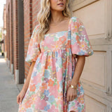 Women's Summer Floral Square Neck Puff Sleeve Babydoll Dress: Pink S