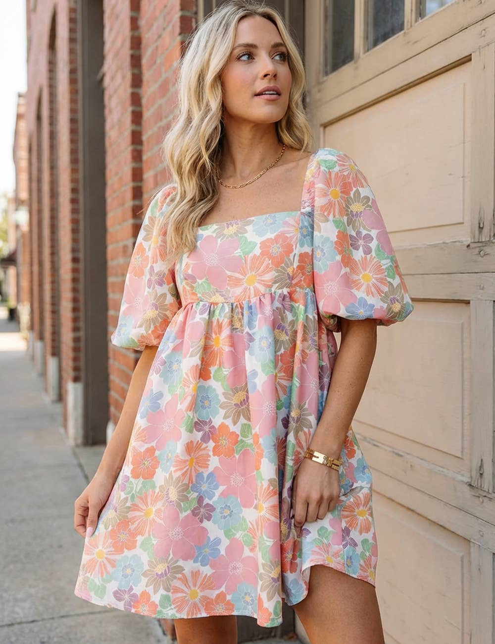 Women's Summer Floral Square Neck Dress: Pink L