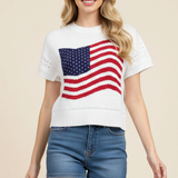 AMERICAN FLAG GRAPHIC KNITTED SWEATER TOP - 7254WS: White / L