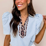 Sky Blue Stripe Short Puff Sleeve Leopard  Blouse: Brown Stripe XL