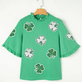 Green Sequin Clover Graphic Ruffled Trim Bell Sleeve St Patrick Blouse: Green / 100%Polyester / M