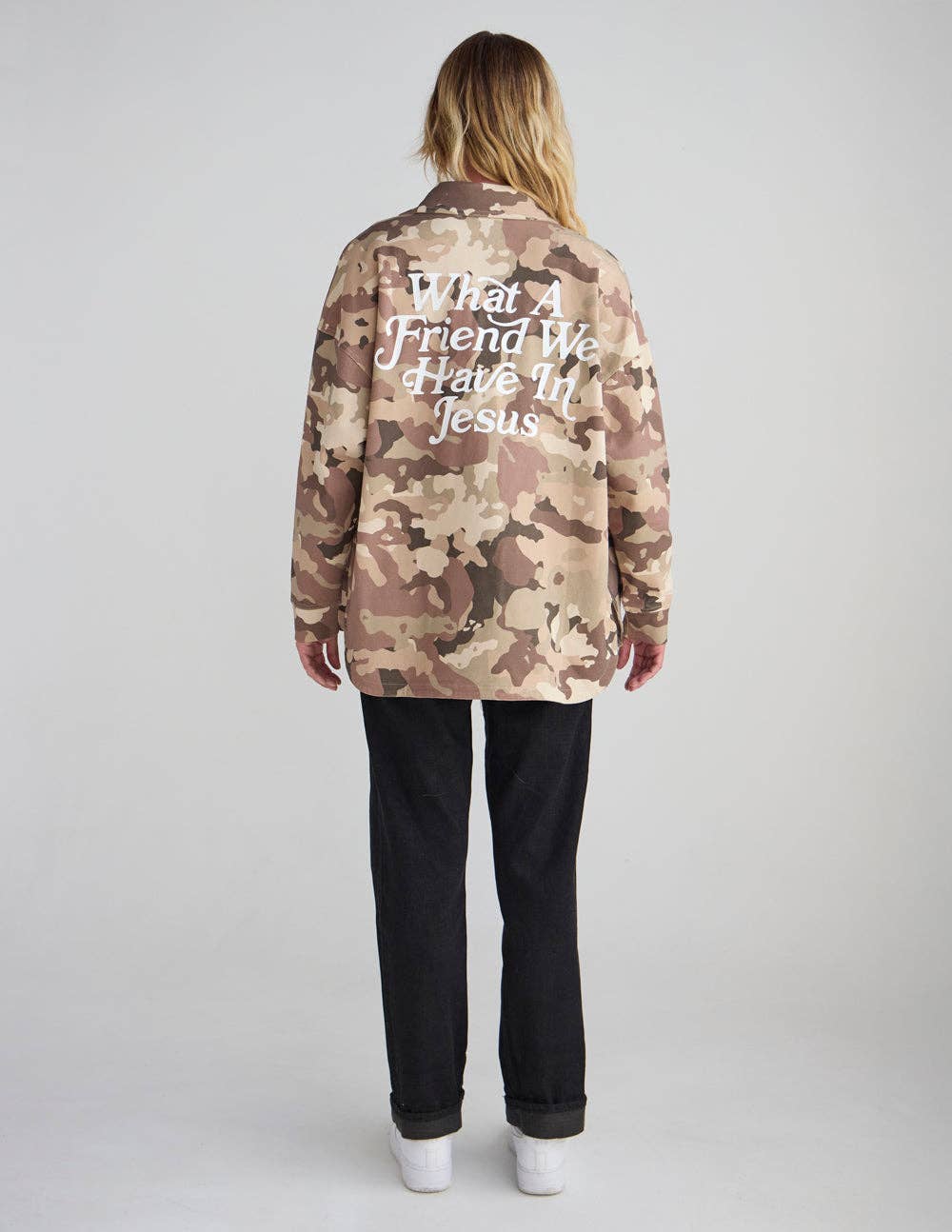 What a Friend in Jesus Camo Shacket: XS