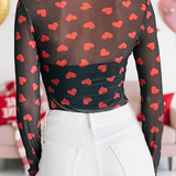 Valentines Heart Printed Sheer Mesh Long Sleeve Top: Pink / S