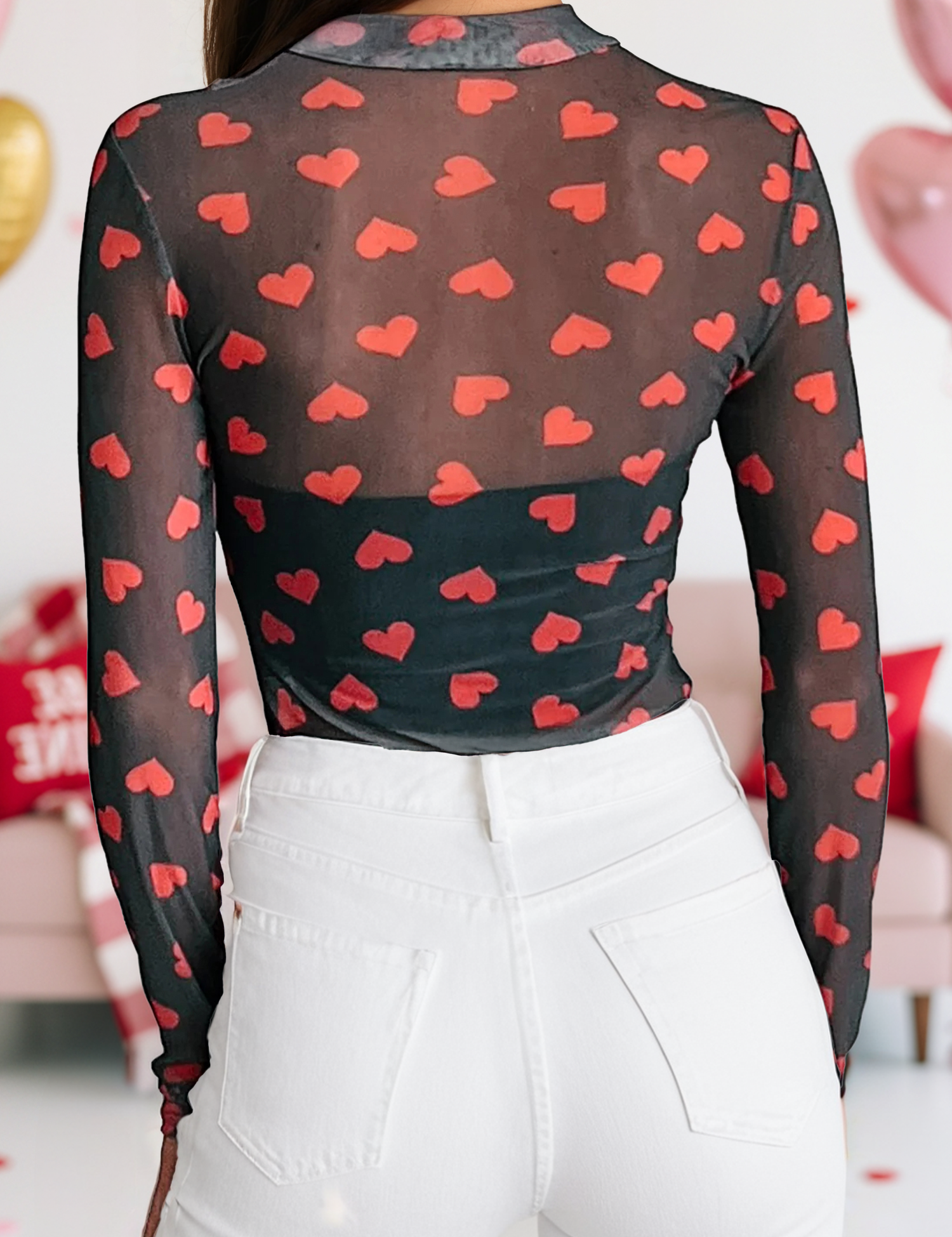 Valentines Heart Printed Sheer Mesh Long Sleeve Top: Black / S