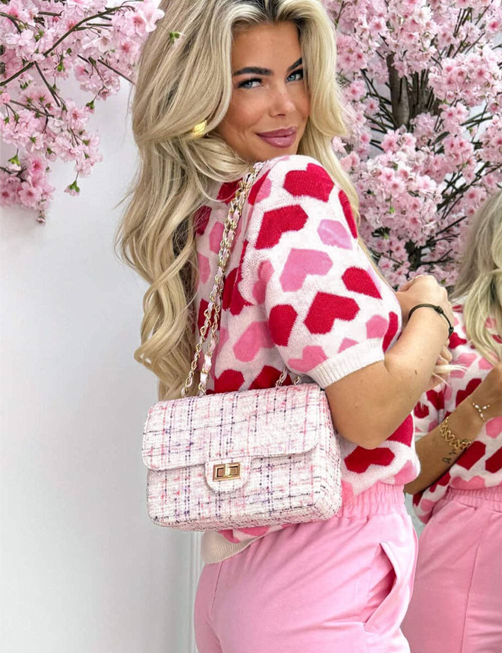 Pink Heart Print Short Sleeve Knit Sweater Valentine Top: Sachet Pink / 52%Viscose+26%Polyester+22%Polyamide / S