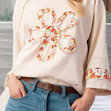 LDC  Flower Patch Graphic Exposed Seam Wide Sleeve Loose Top: Beige / S