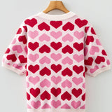 Pink Heart Print Short Sleeve Knit Sweater Valentine Top: Sachet Pink / 52%Viscose+26%Polyester+22%Polyamide / S