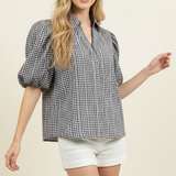 FLORAL GINGHAM BLOUSE TOP - 5707TD: Light Blue / S