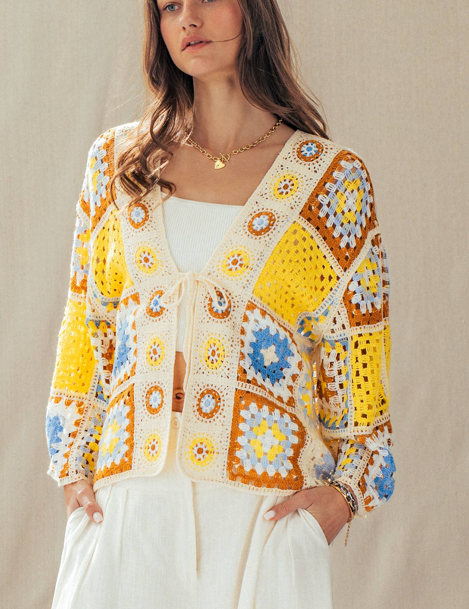 Granny Square Crochet Tie-Front Cardigan