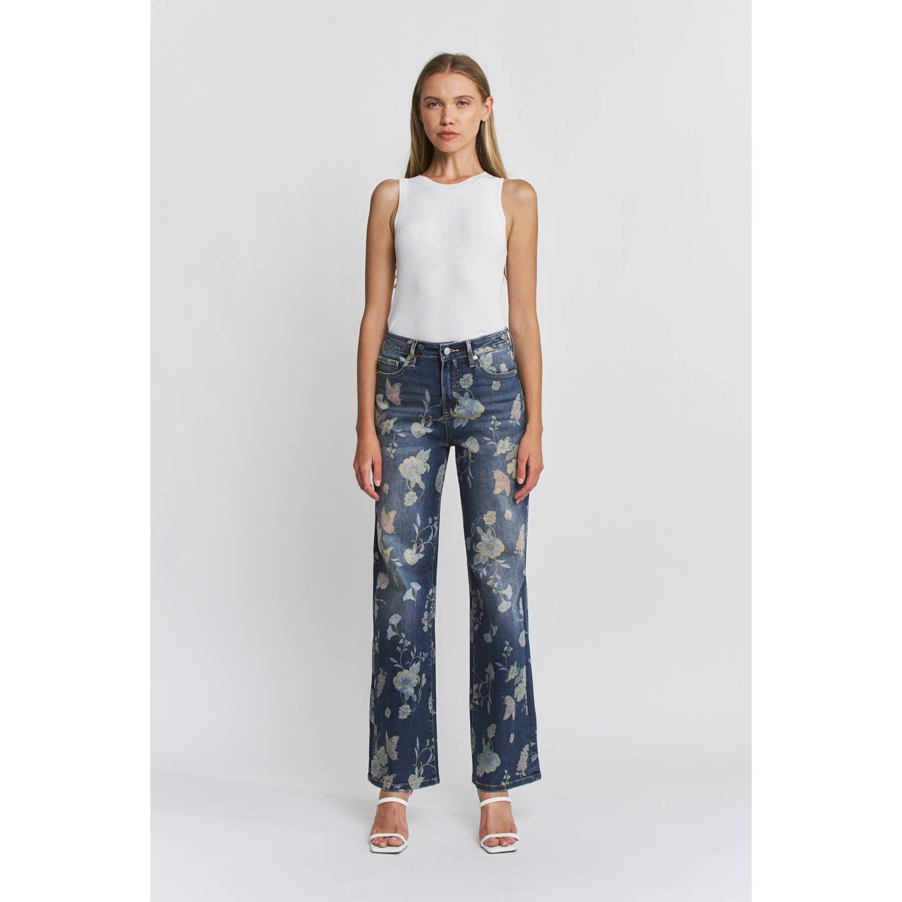 HIGH RISE WIDE LEG EMBELLISHMENT: FLORAL BLUE / 32