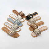CHRISSY ROUND STUD EMBELLISHED SQUARE TOE SLIP ON SANDAL: White / A12