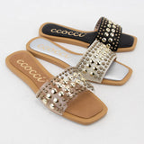 CHRISSY ROUND STUD EMBELLISHED SQUARE TOE SLIP ON SANDAL: White / A12