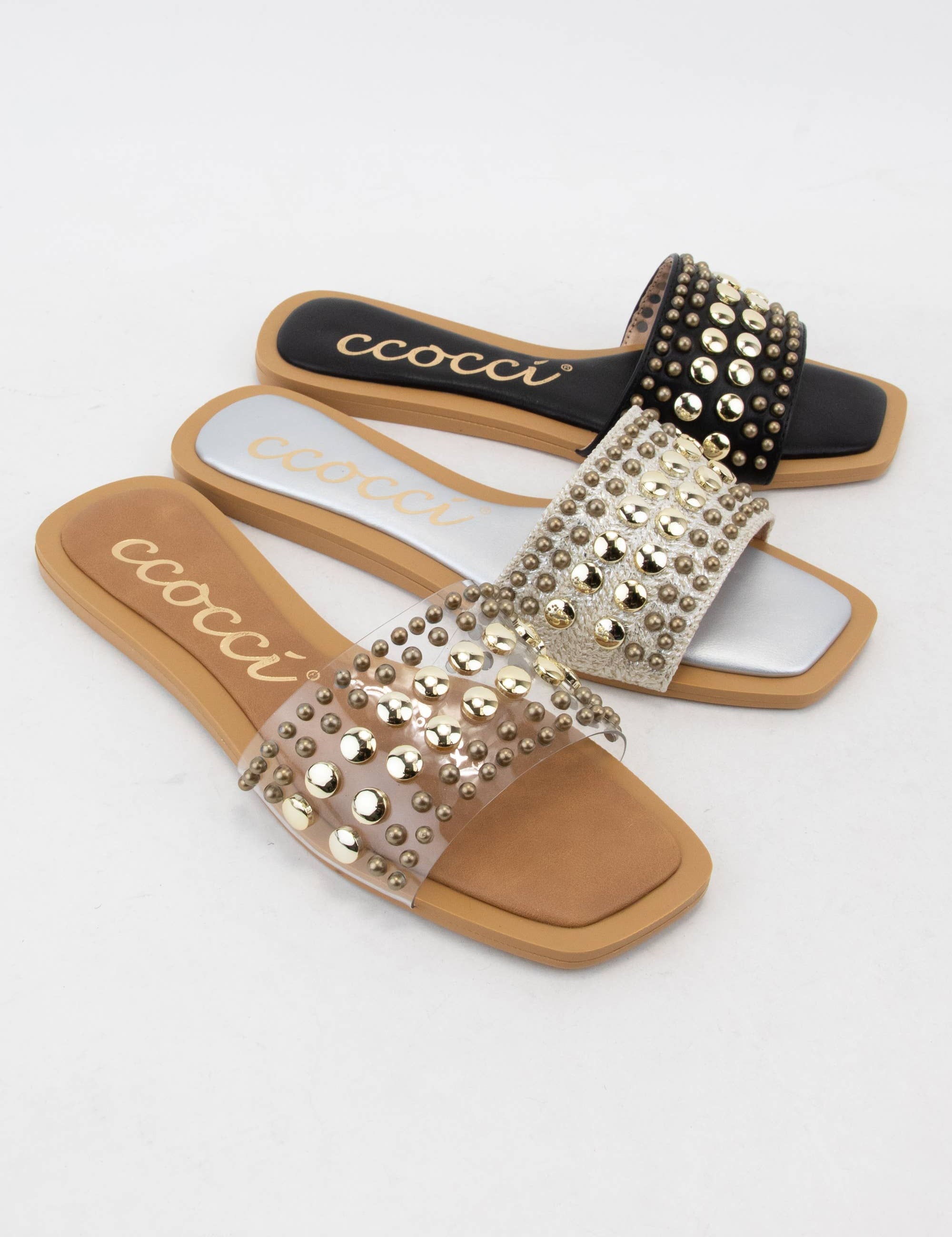CHRISSY ROUND STUD EMBELLISHED SQUARE TOE SLIP ON SANDAL: White / A12