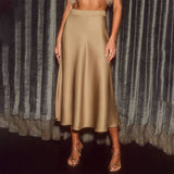 Solid color satin fashionable body-hugging skirt: KHAKI / (XXL) 1