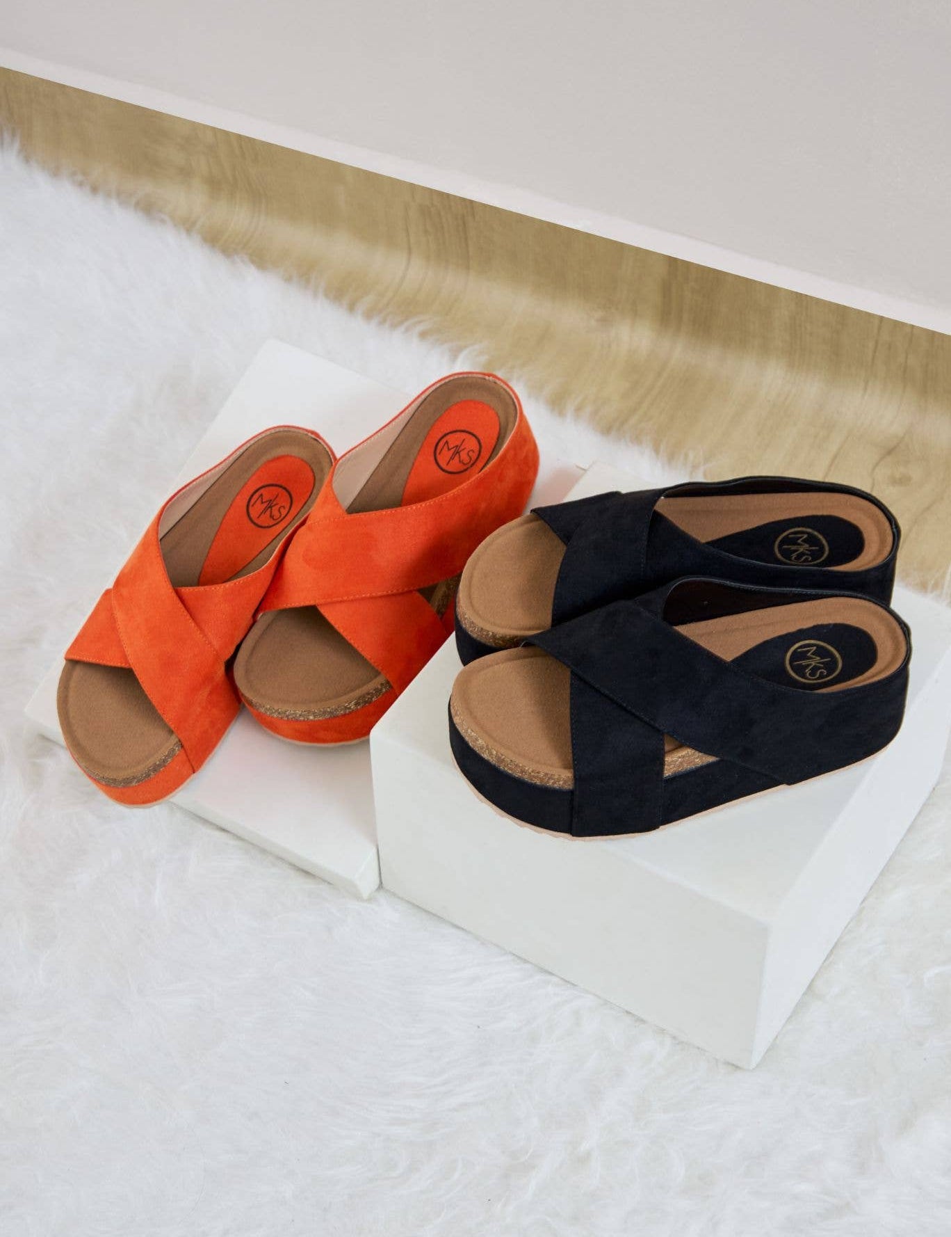 Nina 2 Suede Crisscross Cork Platform Wedge Slide Sandal: Almond / 10