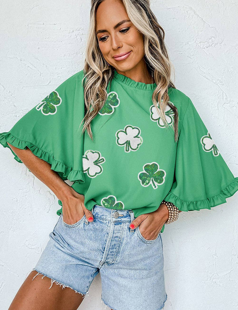 Green Sequin Clover Graphic Ruffled Trim Bell Sleeve St Patrick Blouse: Green / 100%Polyester / M