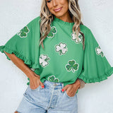 Green Sequin Clover Graphic Ruffled Trim Bell Sleeve St Patrick Blouse: Green / 100%Polyester / M