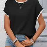 Crochet Trim Short Sleeve Knit Top for Women Summer Casual: Khaki / 65%Polyester  30%Viscose   5%Elastane / M