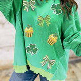 Bright Green Twisted Rib St Patricks Day Sequin Patch Graphic Long Sleeve Top: Bright Green / 75%Polyester+20%Viscose+5%Elastane / S