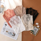 Semi Sheer Mesh Floral Lace Layering Top: Caramel / M