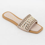 CHRISSY ROUND STUD EMBELLISHED SQUARE TOE SLIP ON SANDAL: White / A12
