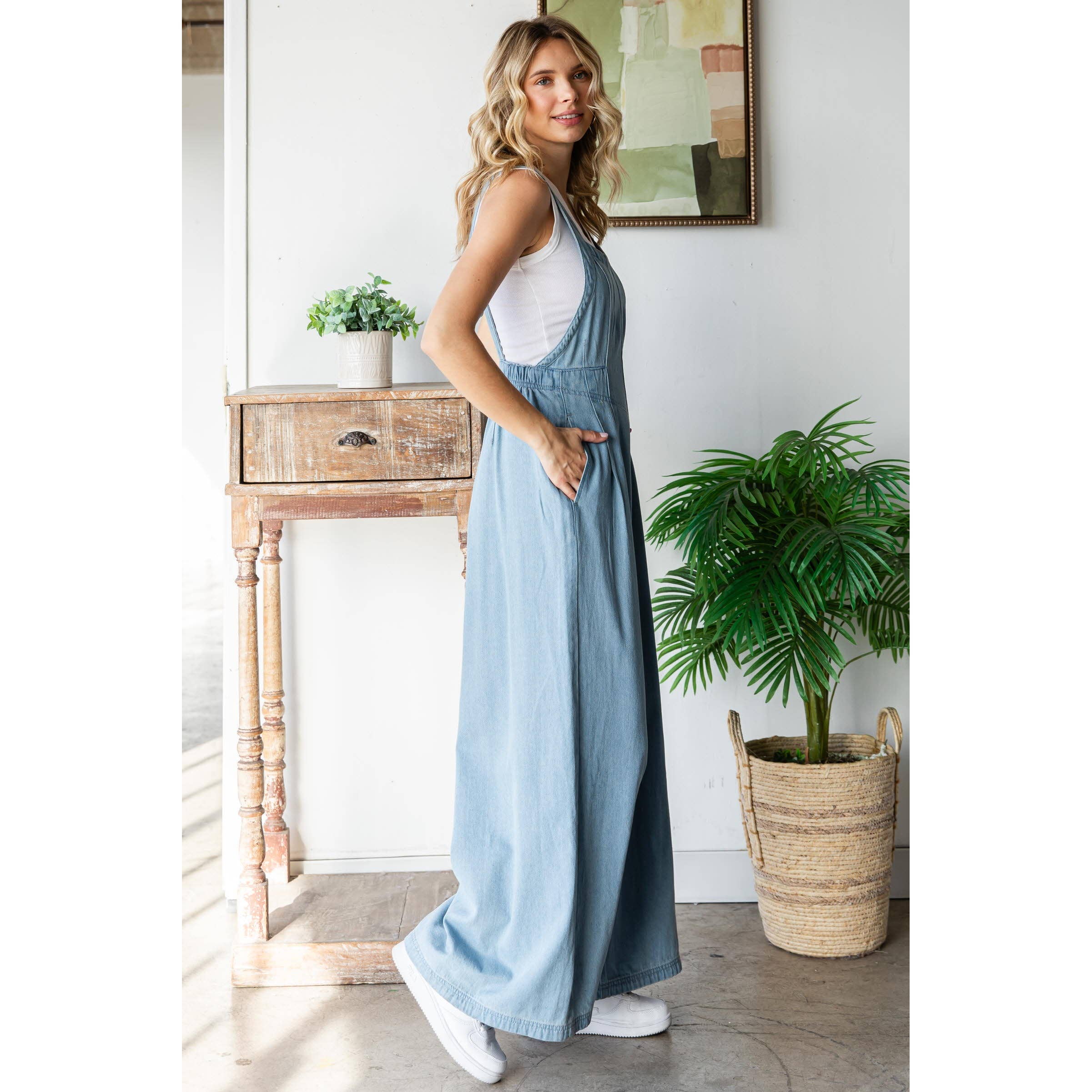 Pleated Denim Overall with Pockets