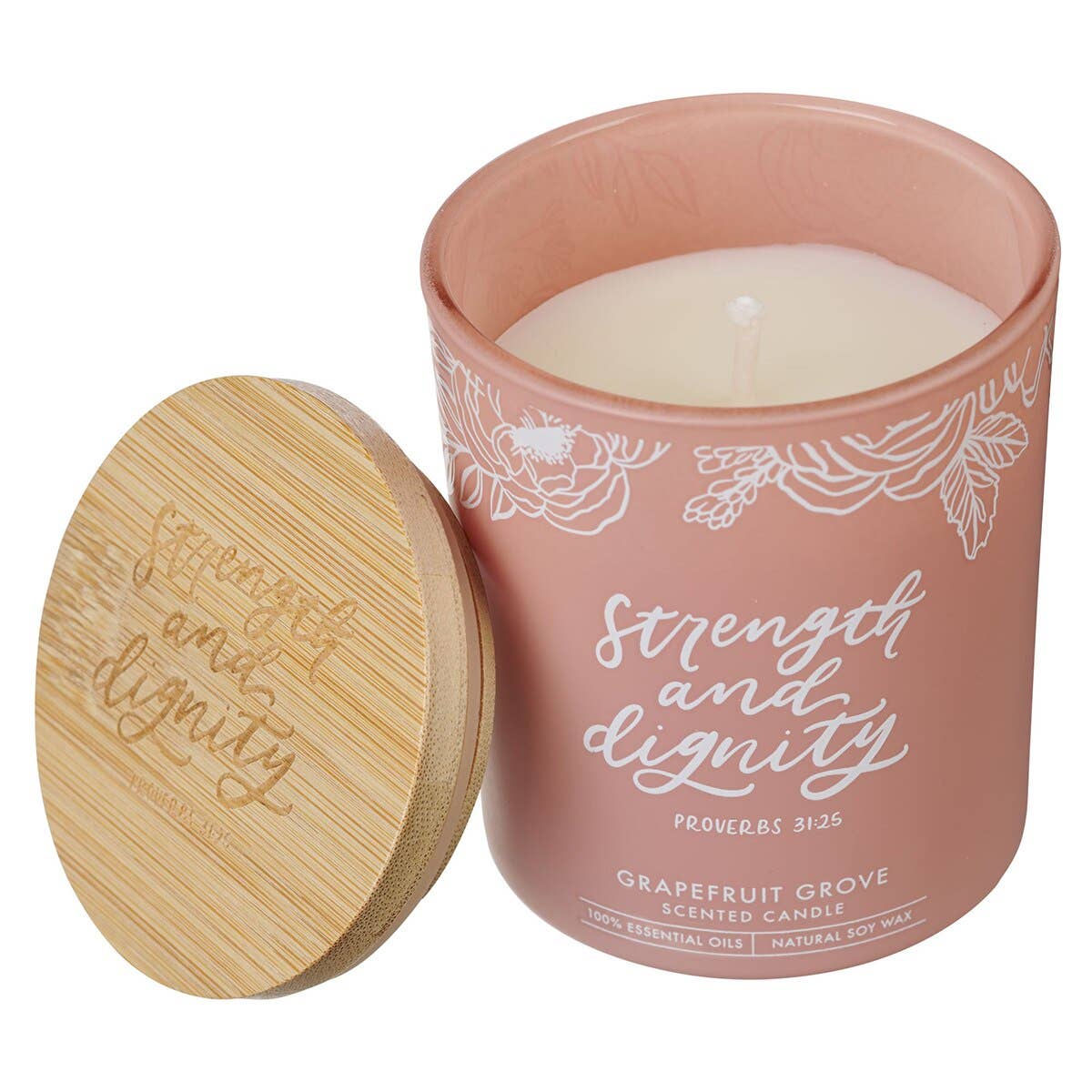 Glass Candle w/Bamboo Lid Pink Strength & Dignity Prov 31:25