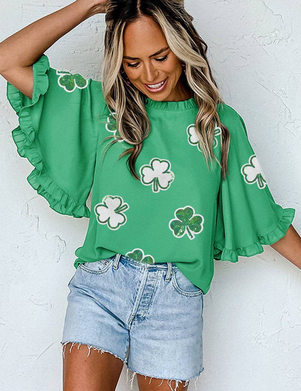 Green Sequin Clover Graphic Ruffled Trim Bell Sleeve St Patrick Blouse: Green / 100%Polyester / S