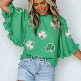Green Sequin Clover Graphic Ruffled Trim Bell Sleeve St Patrick Blouse: Green / 100%Polyester / M
