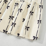 Bow print v-neck ruffle puff sleeve babydoll dress: Beige / L