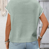 Crochet Trim Short Sleeve Knit Top for Women Summer Casual: Green / 65%Polyester  30%Viscose   5%Elastane / L