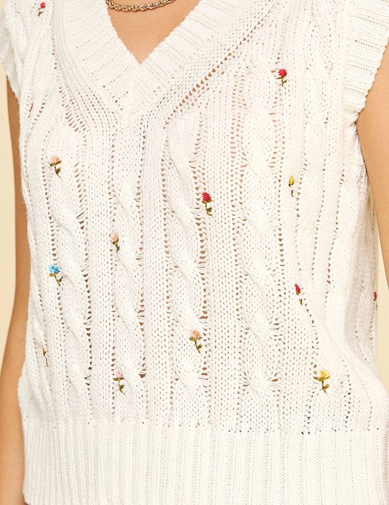Floral Embroidered Cable Knit Sweater
