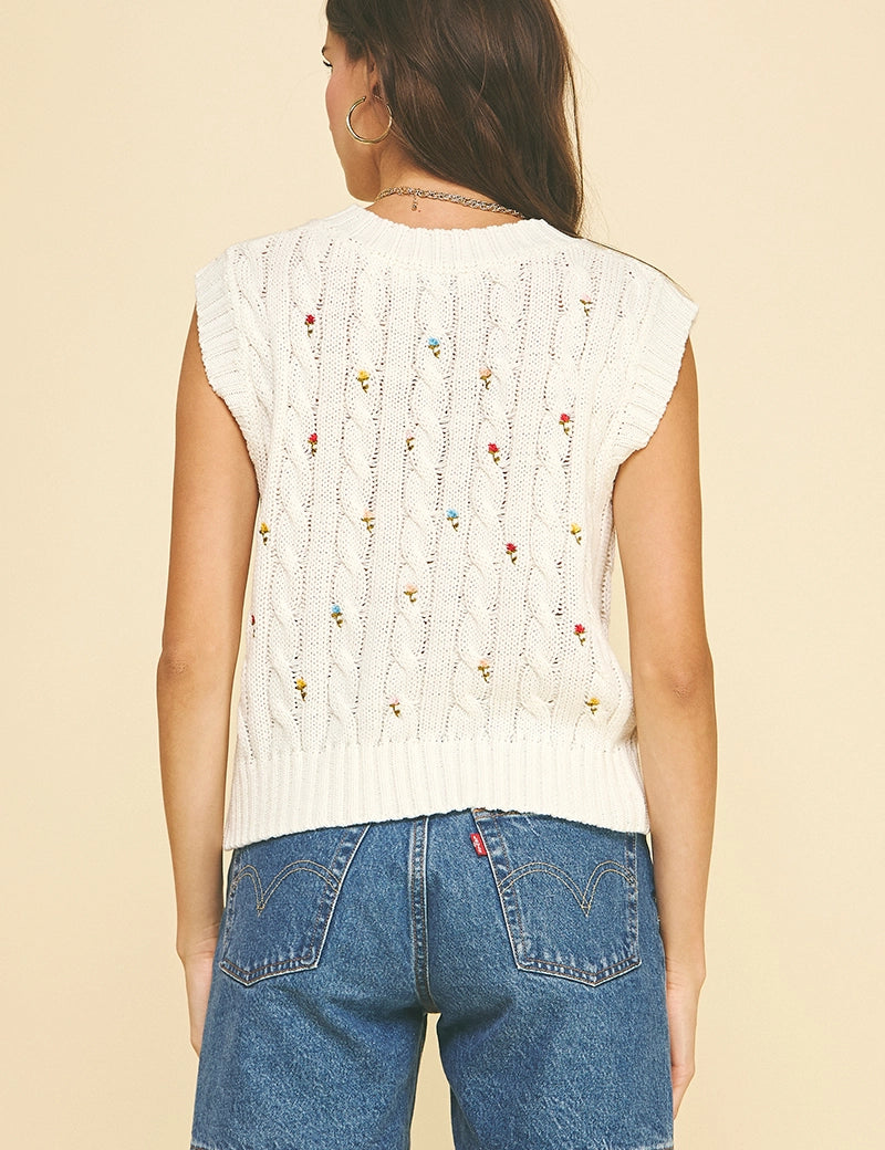 Floral Embroidered Cable Knit Sweater