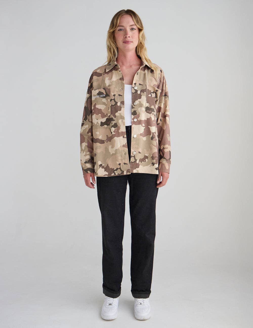 What a Friend in Jesus Camo Shacket: XS