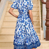 White Floral Puff Short Sleeve V Neck High Waist L